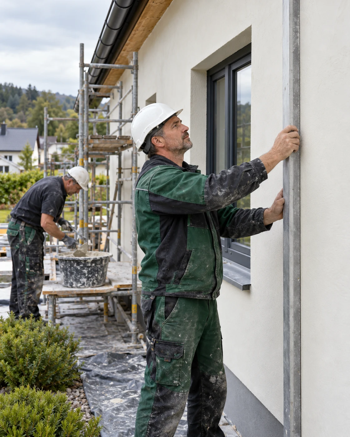Řemeslníci v helmách při přesné kontrole fasády
