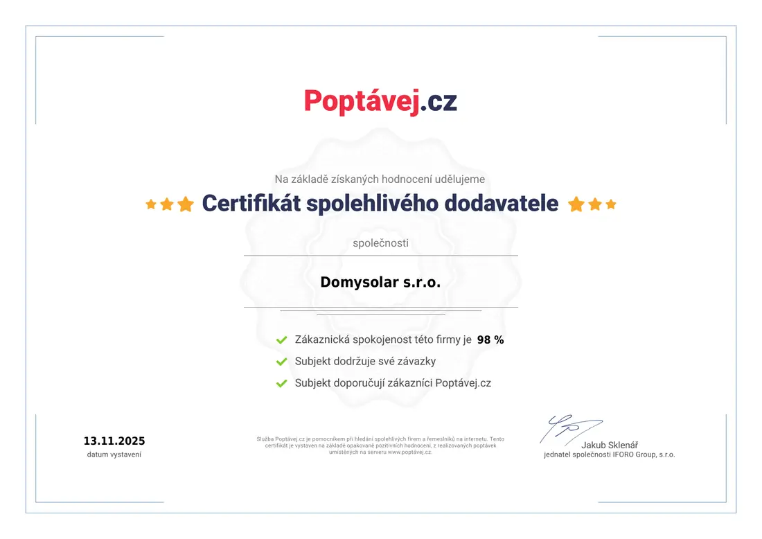 Certifikát spolehlivého dodavatele Domysolar od Poptávej.cz